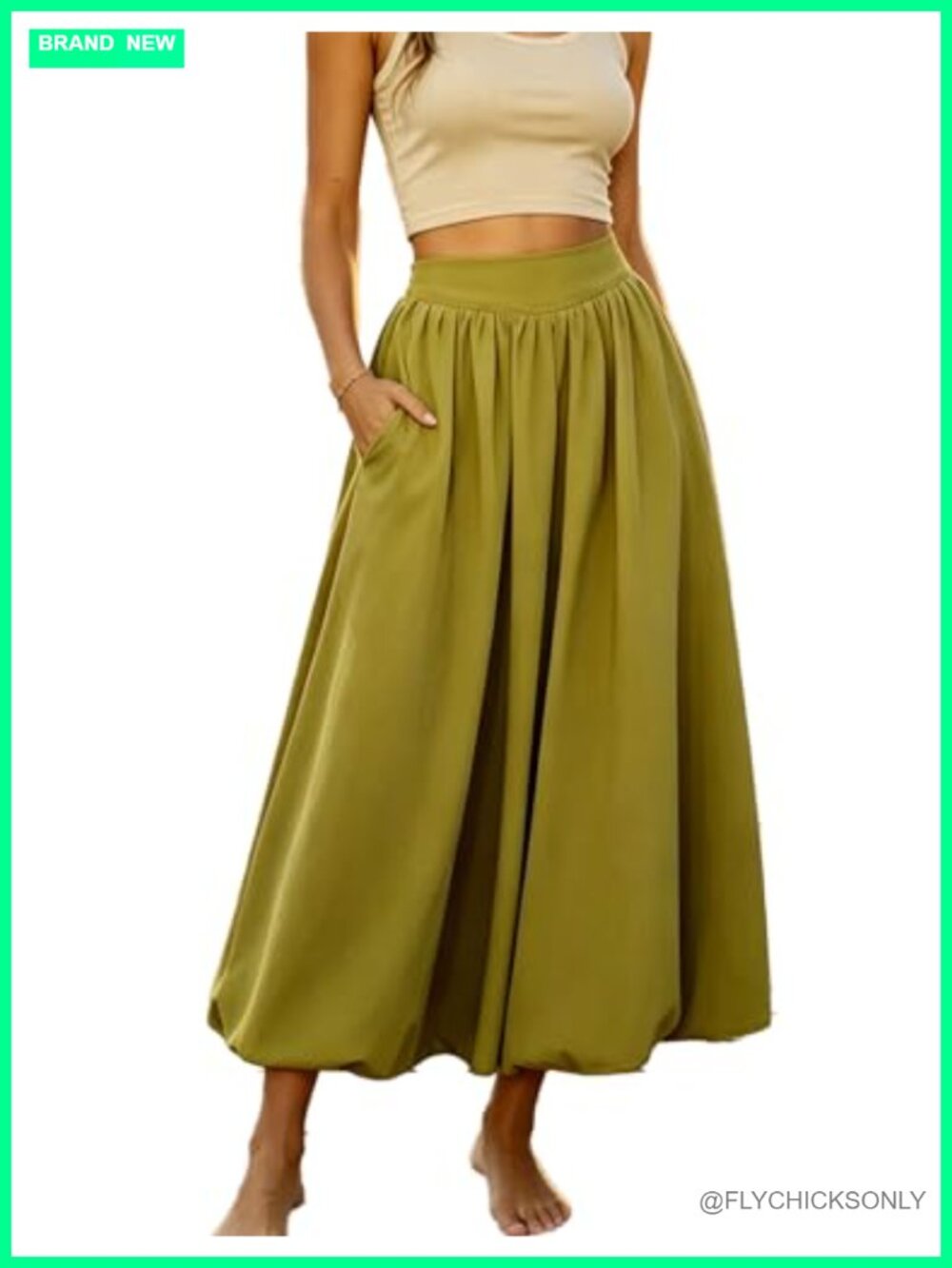 Bubble Hem Maxi Skirt A-Line Elastic Waist Pockets Woven